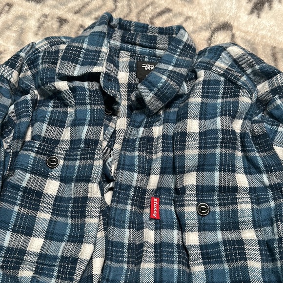 Stussy Womens Plaid Quilted Blue Flannel Button Up Top - Picture 3 of 7